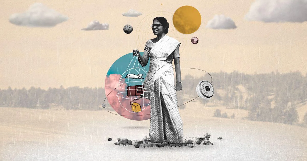 Scroll.in illustration of Anna Mani holding weather instruments, surrounded by clouds, sunlight and a rain-covered landscape